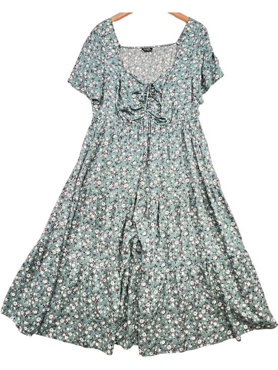 BloomChic Dresses & Skirts - Womens Cottagecore Drawstring Maxi Dress Flutter Sleeve 18-20 Green Blue Floral